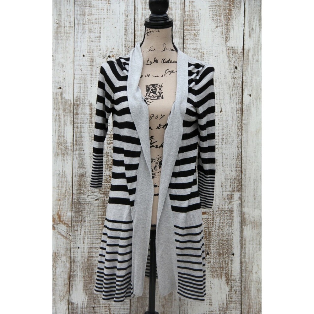 EYN Women Size M/L Draped Black Heather Gray Open Long Cardigan 3/4 Sleeve